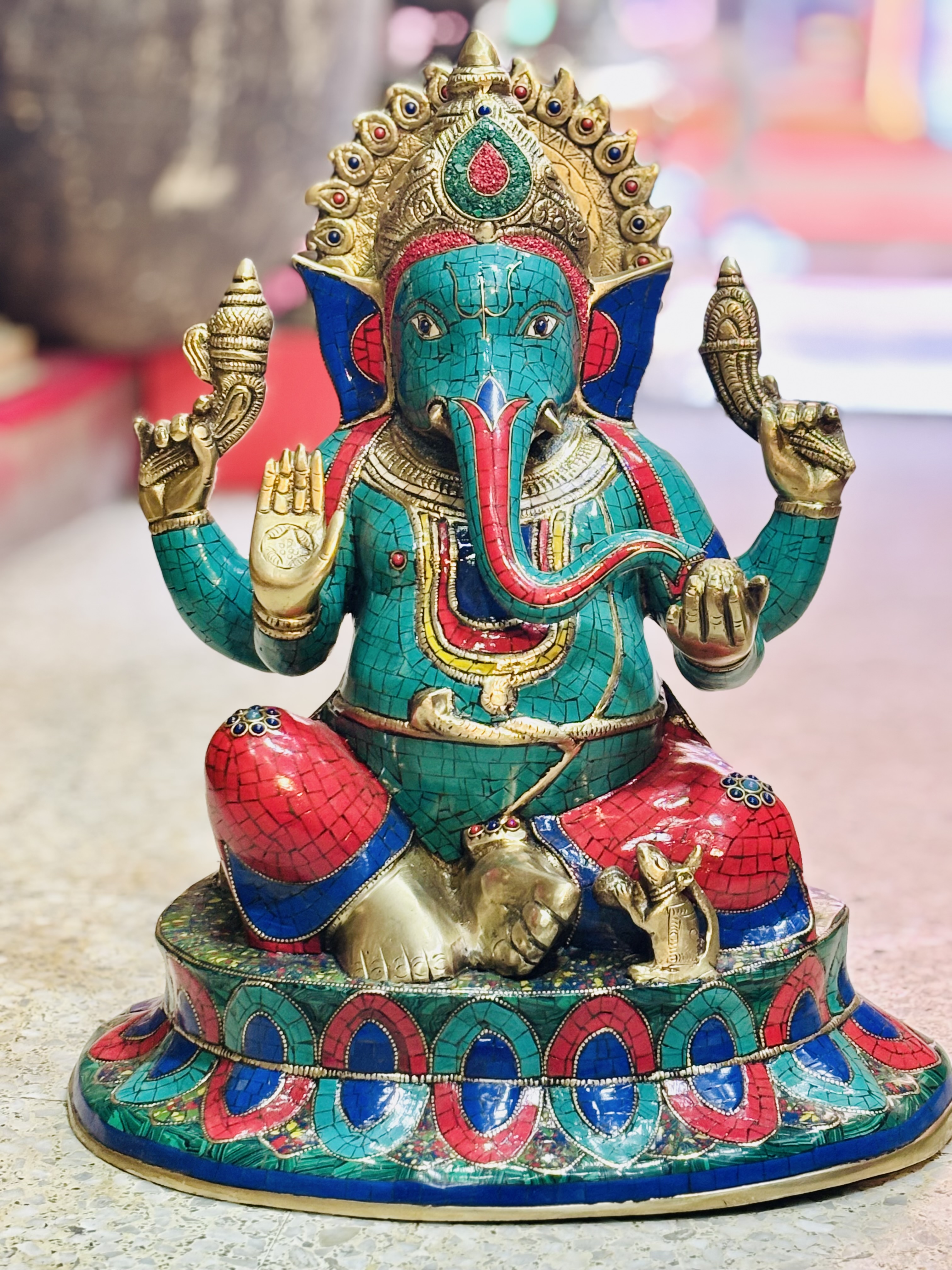 Brass Stone-Setting Ganesha with Mouse – Four-Armed Divine Sculpture